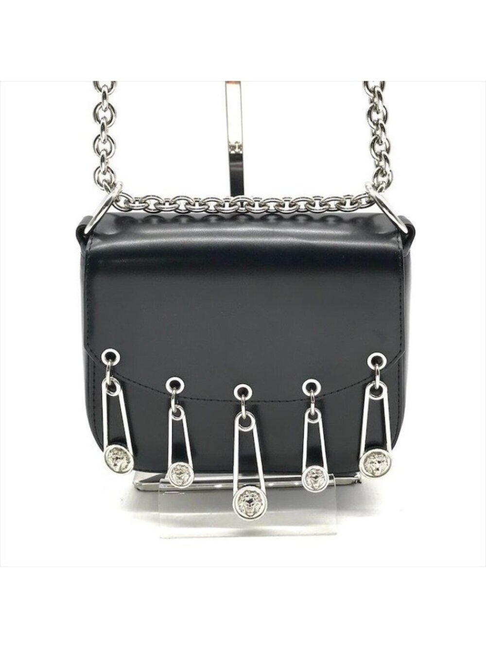 Versace Versus Super Safety Chain Shoulder Bag Black Leather